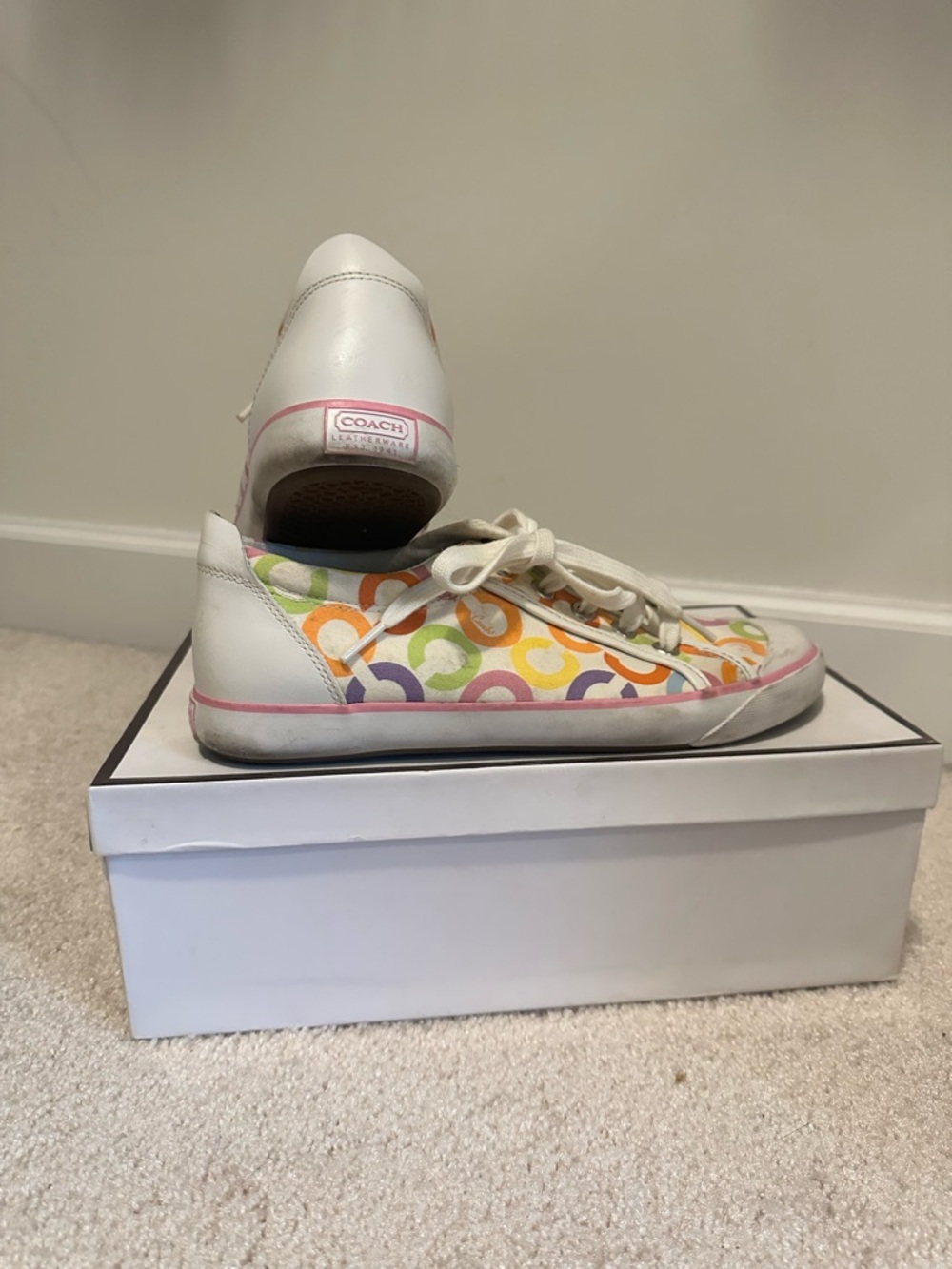 Coach White Low-Top Sneakers with Multicolor Signature C Print